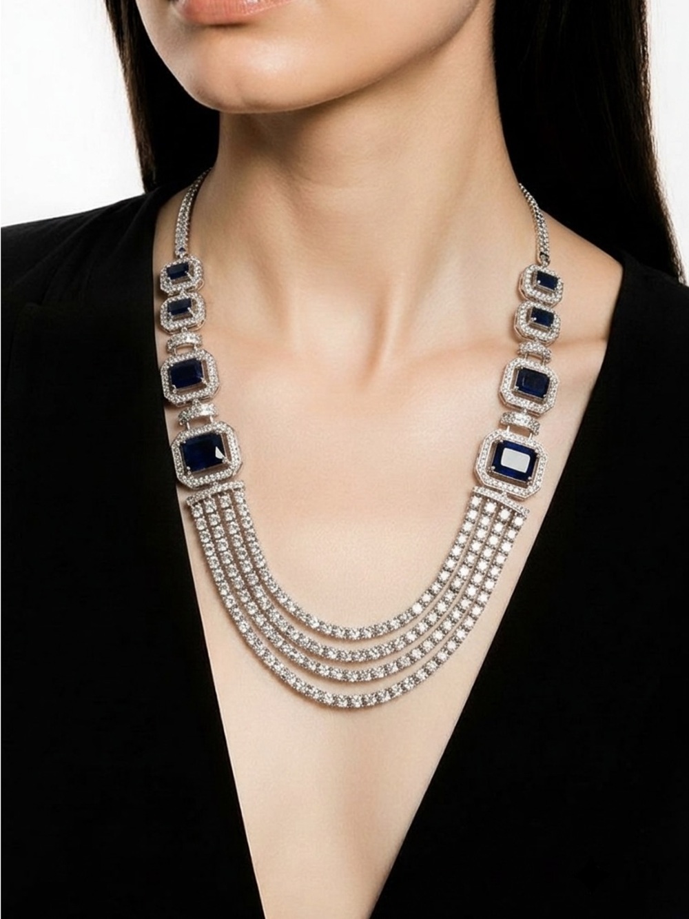 Elegant Navy Crystal Statement Necklace with earrings - Women Jewelry